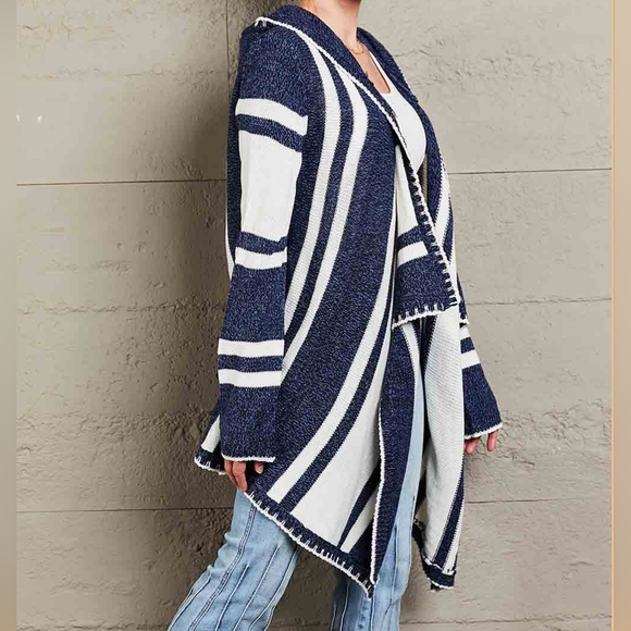 Long Hooded Oversized Knit Open Front Drape Cardigan Handkerchief Bohemian Chic - Picture 5 of 14